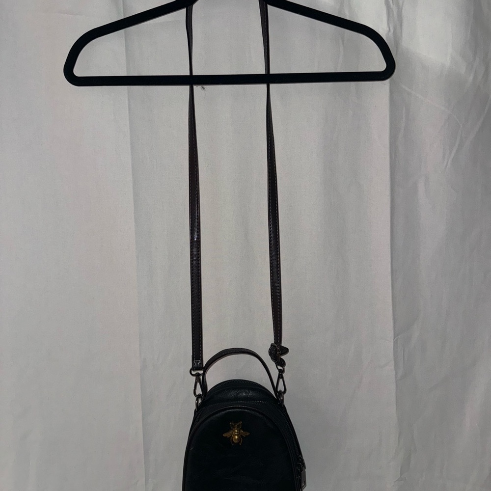 Black Leather Crossbody Bag with Bee Accent